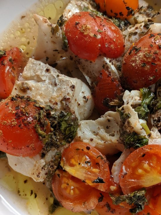 MoodyEater Makes...Tomato and Herbed Cod (close-up). Photo by Charles Malene for MoodyEater™
