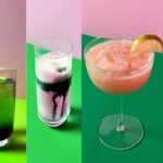 Image of all the drinks created inspired by the movie Wicked (l-r: Vodka Chlory Soda, Matcha Beet, Paloma, and Lime Chlory Soda)