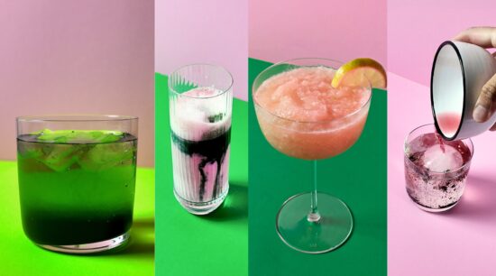 Image of all the drinks created inspired by the movie Wicked (l-r: Vodka Chlory Soda, Matcha Beet Latte, PaNoma, and Lime Chlory Soda). Photo by Charles Malene for MoodyEater™