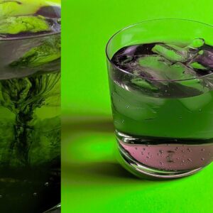 close-up of chlorophyll vodka soda drink that resembles a tree or tornado. Photo by Charles Malene for MoodyEater™