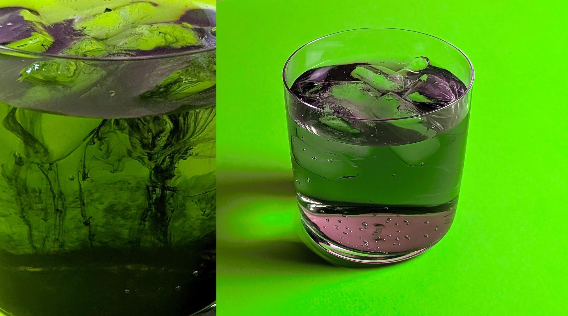 close-up of chlorophyll vodka soda drink that resembles a tree or tornado