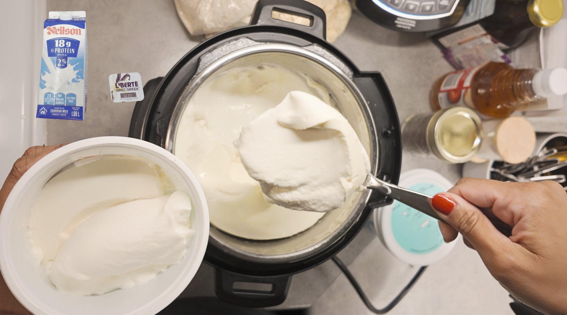 Image of hand spooning freshly made yogurt from instapot into storage container.