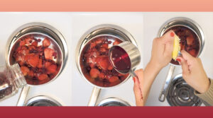 Mixed Berry Jam Compote cooking berries, cranberry juice and lemon (steps 1-3). Photo by Charles Malene for MoodyEater™