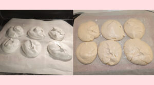 6 small Pavlova Meringue on parchment covered baking tray in oven. Photo by Charles Malene for MoodyEater™