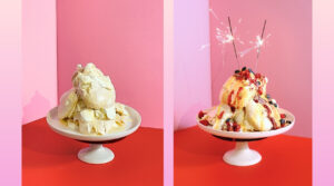 Pavlova Meringue Eton Mess, before (L) and after (R) covered in condiments and berries with sparkles. Image by Charles Malene for MoodyEater™