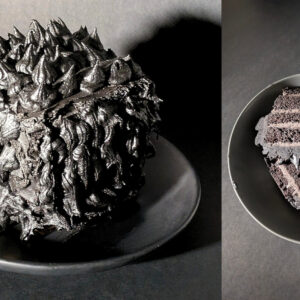 Nosferatu's Jet Black Velvet Cake with black icing spikes. Photo by Charles Malene for MoodyEater™