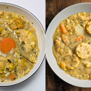 Trini Corn Soup bowls: (L) Classic Corn Soup recipe, (R) 'Hotsteppa' Corn Soup recipe. Photo by Charles Malene for MoodyEater™