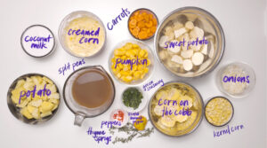 Classic Trini Corn Soup ingredients mis-en-place with descriptive labels. Photo by Charles Malene for MoodyEater™