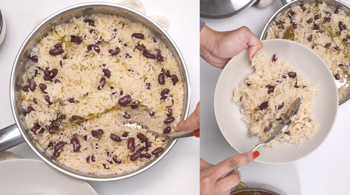 Overhead shot of Rice and Peas being plated. Photo by Charles Malene for MoodyEater™