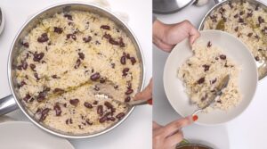 Overhead shot of Rice and Peas being plated. Photo by Charles Malene for MoodyEater™