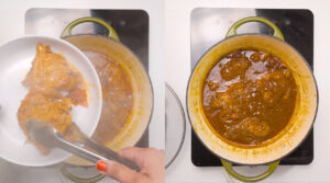 Brown Stewed Chicken steps 4-5: taking chicken out of stewed sauce. Photo by Charles Malene for MoodyEater™
