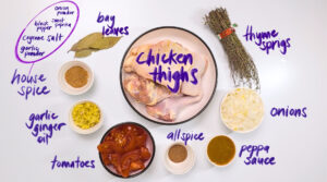 Brown Stewed Chicken ingredients labeled. Photo by Charles Malene for MoodyEater™