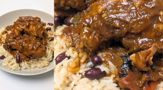 Close-up of Brown Stewed Chicken with Rice and Peas. Photo by Charles Malene for MoodyEater™