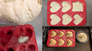 Mini Coconut Heart Cakes steps 9-10: Batter into silicone molds and baking. Photo by Charles Malene for MoodyEater™
