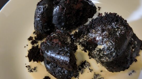 Révolution Réchauffé – Black chocolate cake with evaporated milk. Photo by Charles Malene for MoodyEater™