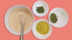 Ingredients for Roasted Cauliflower: (Counter clockwise L-R) Sunflower Miso Tahini, crushed pistachios, mint and parsley. Image by Charles Malene for MoodyEater™