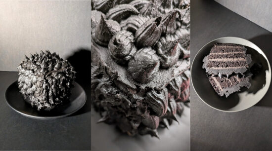 Nosferatu's Jet Black Velvet Cake with black icing spikes (whole, close-up and sliced). Photo by Charles Malene for MoodyEater™
