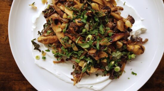 Close-up of Colu Henry's Roasted Mushrooms with Sour Cream, Herbs, and Lemon recipe test. Photo by Charles Malene for MoodyEater™