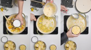 Trini Corn Soup recipe steps 7-9: Adding creamed corn, kernel corn and coconut milk. Photo by Charles Malene for MoodyEater™