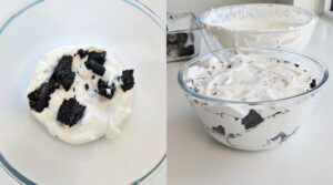 Révolution Réchauffé 03- Final steps 4-5: Layering black velvet cake with cream mixture to create the parfait before it goes in freezer. Photo by Charles Malene for MoodyEater™