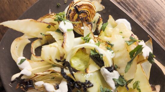 A close-up shot of Ottolenghi's Roasted Cabbage with Sunflower Tahini recipe test. Photo by Charles Malene for MoodyEater™