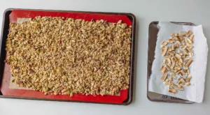 Café Cecilia's granola mix with tray of toasted coconut flakes. Photo by Charles Malene for MoodyEater™