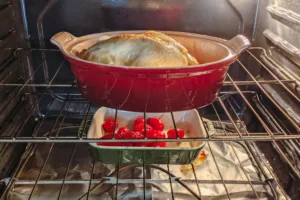 Chicken Roasted with Datterini Tomatoes in oven. Photo by Charles Malene for MoodyEater™