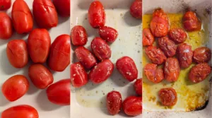Datterini tomatoes sliced, seasoned, and roasted. Photo by Charles Malene for MoodyEater™