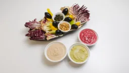 Crudités with 3 types of dips: cashew pesto, beet yogurt, and rachel ama's white bean mash. Photo by Charles Malene for MoodyEater™