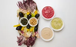 Crudités with 3 types of dips: cashew pesto, beet yogurt, and rachel ama's white bean mash. Photo by Charles Malene for MoodyEater™