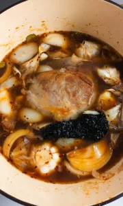 Beef chuck in broth with onions, garlic, bayleaf and peppers. Photo by Charles Malene for MoodyEater™