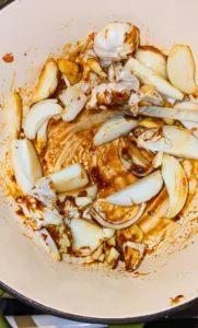 Onions, garlic, bayleaf sauté in soy honey. Photo by Charles Malene for MoodyEater™