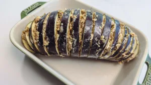 Eggplant stuffed with jerk miso butter. Photo by Charles Malene for MoodyEater™