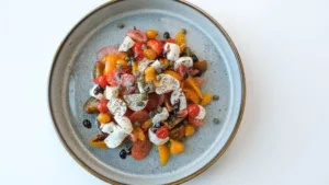 Tomato, Sweet Drop, Pearl Mozzarella Salad stacked. Photo by Charles Malene for MoodyEater™